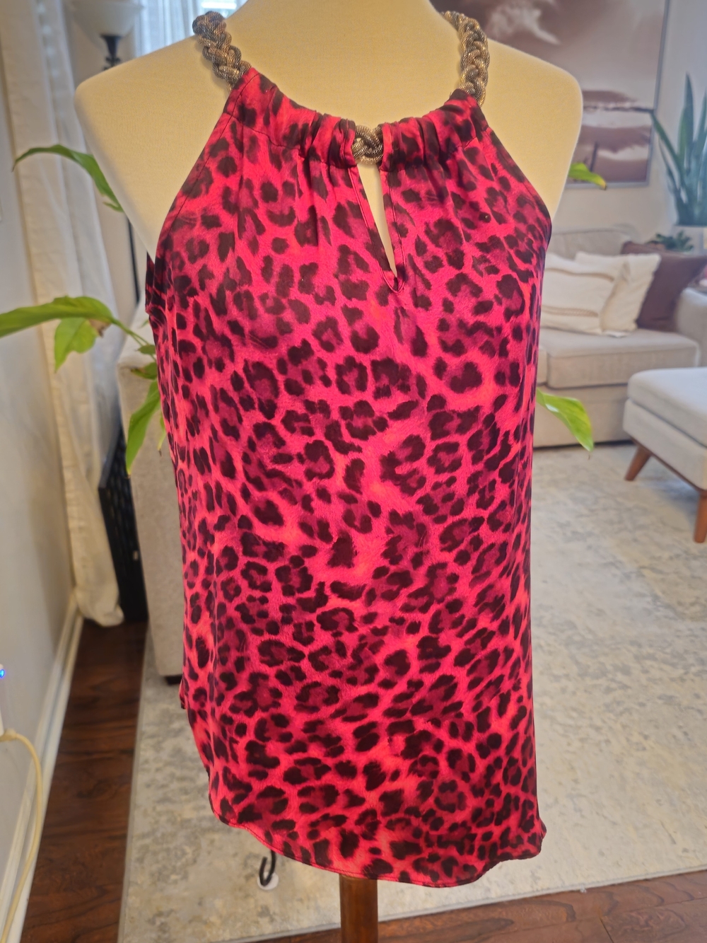 Red And Black Leopard Print Halter Top with Rope Detail